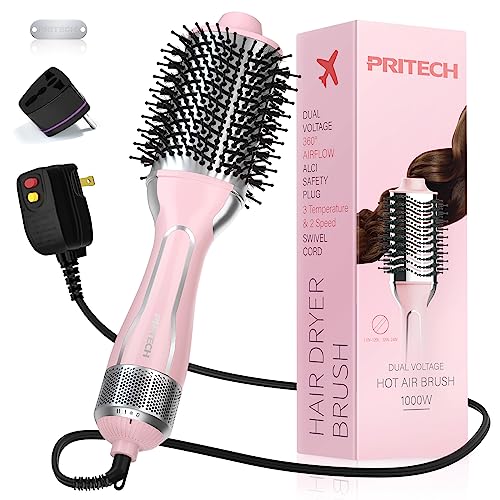 PRITECH Dual Voltage Hot Air Brush: 4-in-1 Styler for Straight & Curly Hair