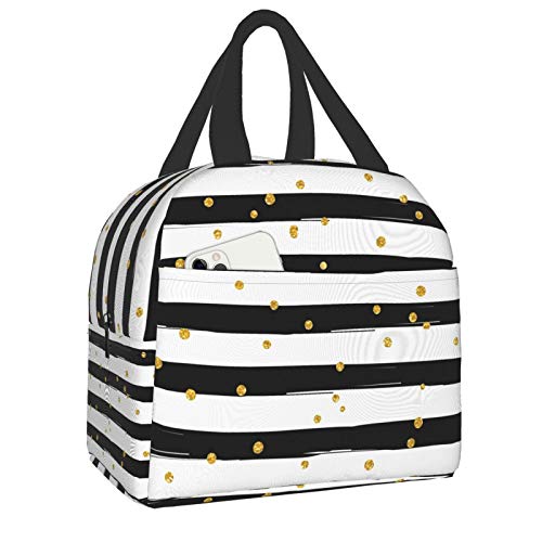 Duduho Black White Strips Lunch Bag - Golden Polka Dots