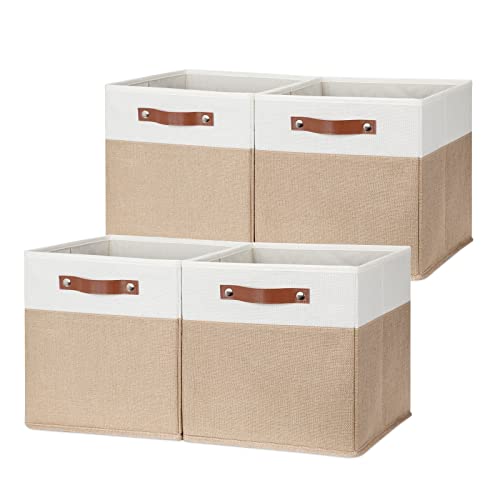 DULLEMELO 12x12x12 Fabric Cube Storage Bins, 4-Pack (White & Khaki)