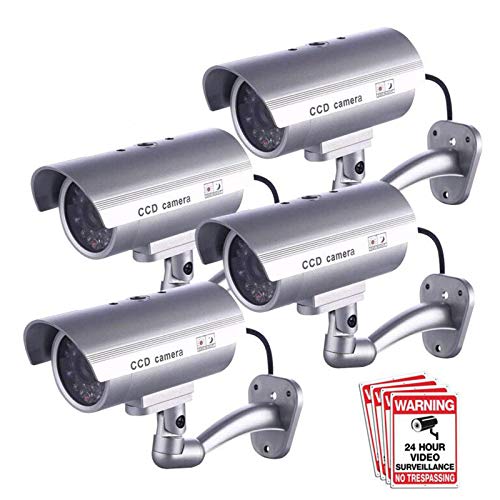 Dummy Security Camera, FITNATE 4 Packs Fake Surveillance Security CCTV Camera System with LED Red Flashing Light for Both Indoor & Outdoor Use + Security Camera Warning Stickers × 4 (Silver)
