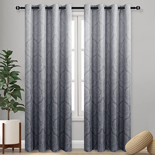 DWCN Ombre Blackout Curtains - Damask Patterned Thermal Insulated Energy Saving Grommet Curtains, Grey