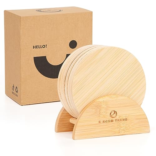 Bamboo Coasters Set with Wooden Holder for Drinks and Table Protection