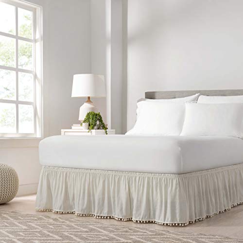 EASY FIT Pom Pom Elastic Bed Skirt, Ivory - Stylish Solution for Box Springs