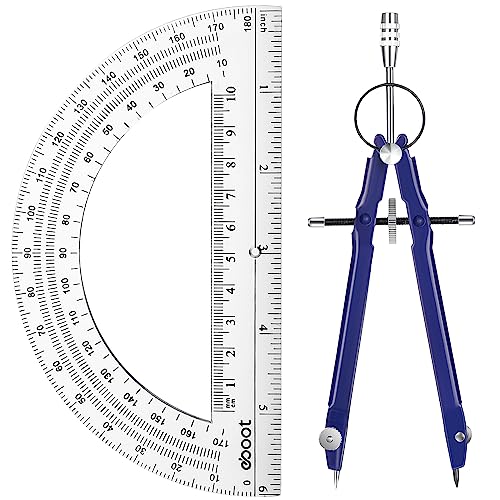 K-12 Geometry Set: Drawing Compass, 6-Inch Protractor (Blue)