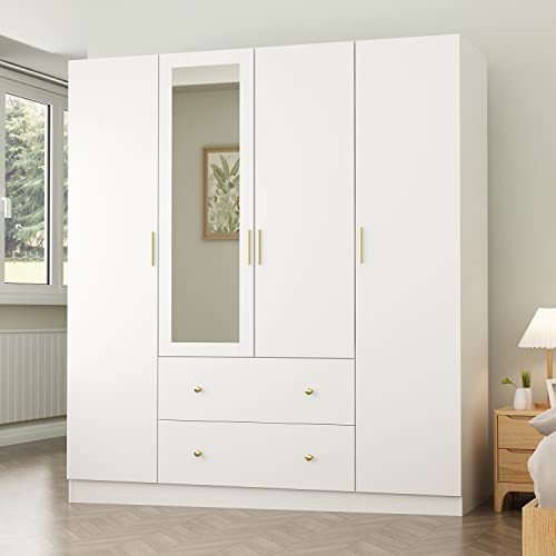 ECACAD 5-Tier Shelves Armoire with Mirror and Drawers, White