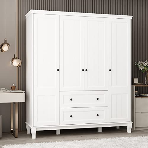 ECACAD 4-Door White Wooden Wardrobe Armoire with Storage