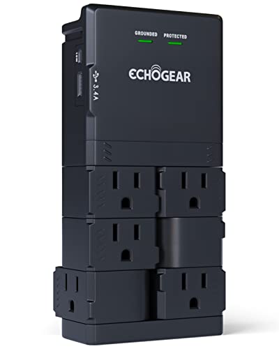 ECHOGEAR Wall Outlet with Surge Protection - 6 Rotating AC Outlets & 2 USB Ports - Black