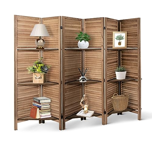 ECOMEX 6 Panel Wood Room Divider with Shelves, 5.6 Ft Privacy Screen
