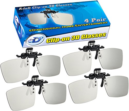 ED Cinema Clip-On 3D Glasses 4 Pack for LG 3D TVs - Adult Sized Passive Circular Polarized 3D Glasses