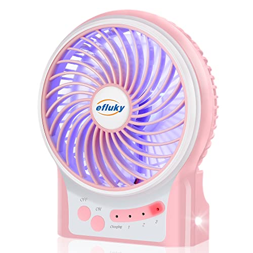 Efluky Mini Desk Fan with LED Light, Rechargeable & Portable, 3 Speeds, Pink