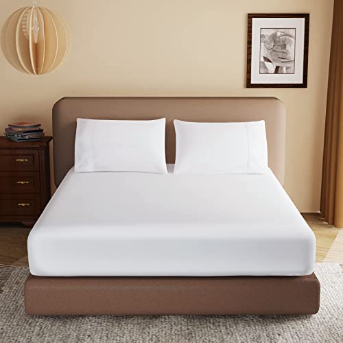 Egyptian Cotton Fitted Sheet Queen, 600 Thread Count, 16" Deep Pocket, Soft & Elastic Sateen Weave - White