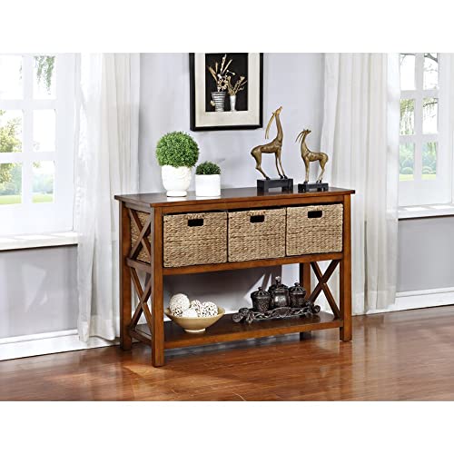 eHemco X-Side Console Table with Storage and Wicker Baskets, Coffee