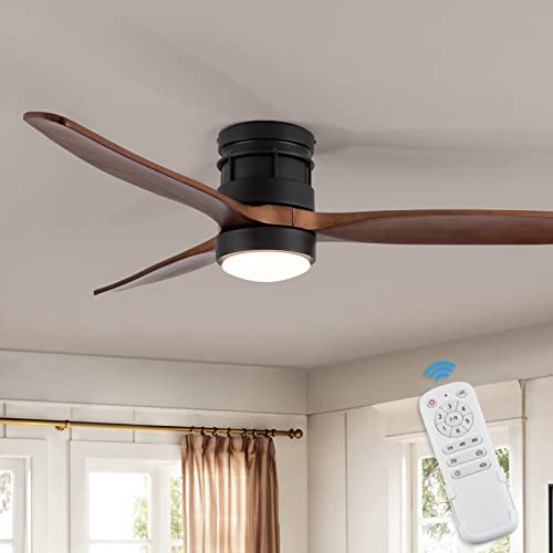 EKIZNSN 52 Inch Modern Outdoor Flush Mount Ceiling Fan with Lights Remote Control, Low Profile Wood Ceiling Fan with 3 Blades
