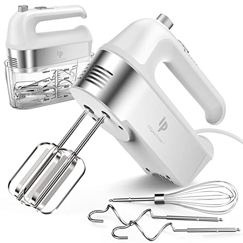 BETTY CROCKER Hand Blender 7 Speed, 250 Watt Electric Mixer with Beaters  and Dough Hooks, Ergonomic, with Stand and Soft Touch Handle, White