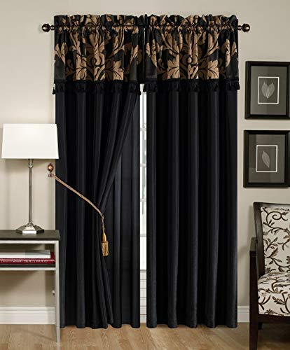 Elegant Jacquard Floral Window Curtain Set with Valance - Black/Gold