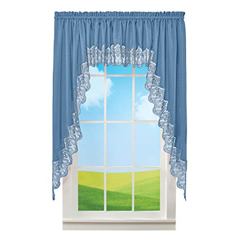 Elegant Lace Border Trim & Solid-Color Window Curtain Blue Swags