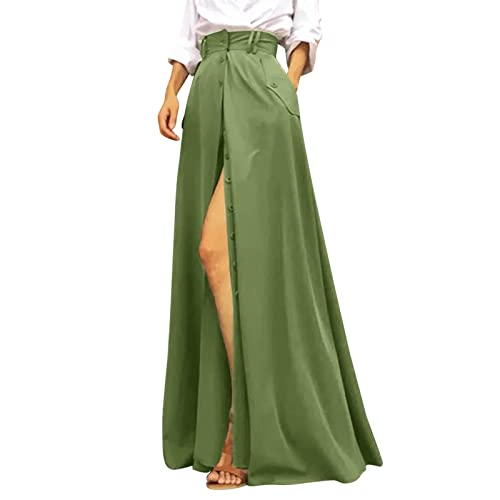 Elegant Mid Waist Single Breasted Long Skirt Green