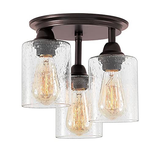 Elegant Rustic Ceiling Light with Clear Seeded Glass Shades