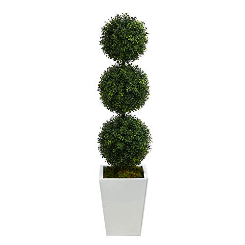 Elegant Triple Ball Topiary Tree in White Metal Planter