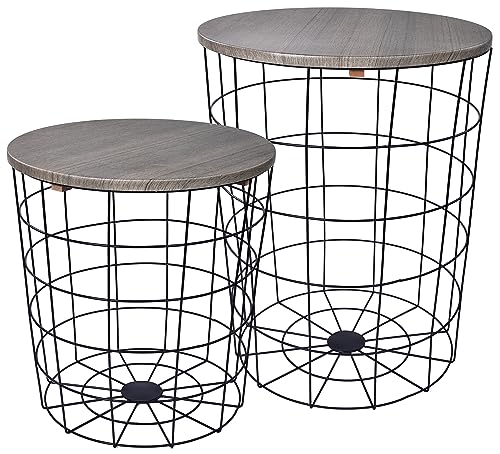 Elevon Wire Basket Base with Wood Tops Side Table Set of 2, Gray
