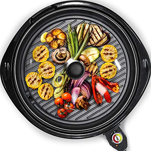 Elite Gourmet Large Round Nonstick Electric Grill with Glass Lid