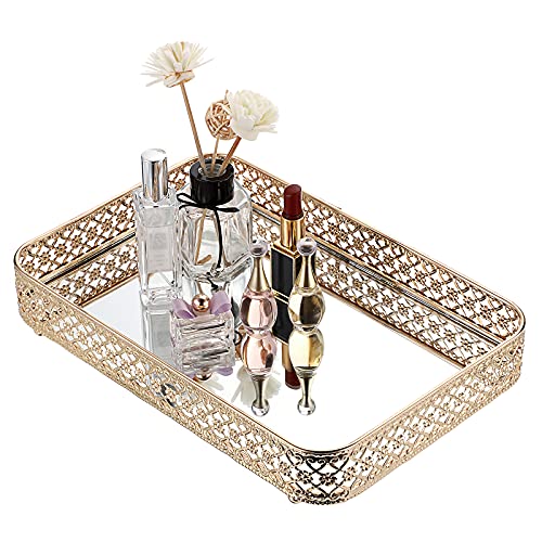 ELLD00 Perfume Tray Mirror Tray Makeup Vanity Tray Hollow-Carved Jewelry Tray Glass Metal Trinket Storage Tray