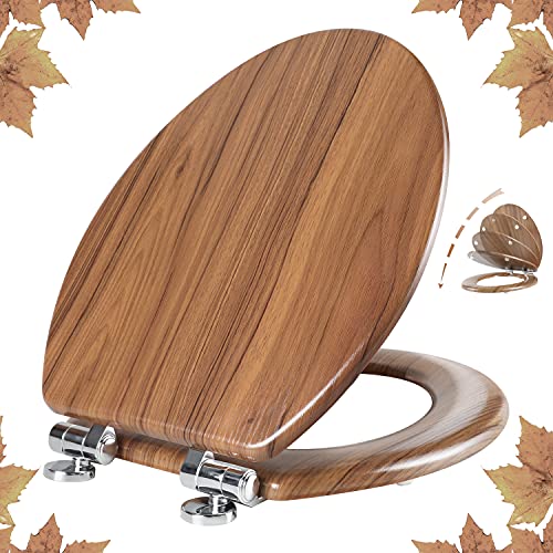 Elongated Wood Toilet Seat with Quiet Close and Quick Release Hinges