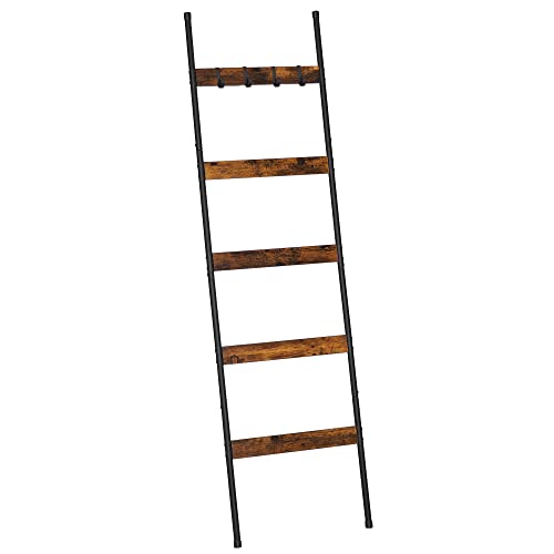 ELYKEN Blanket Ladder - Rustic Brown, 5-Tier Quilt Holder with 4 Removable Hooks