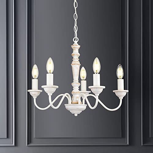 Distressed White Wood Chandelier with LED Bulb, 5-Light Farmhouse Pendant Light