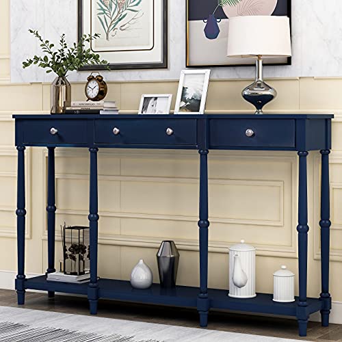 Entryway Console Table with Drawers & Storage Shelf (Navy)