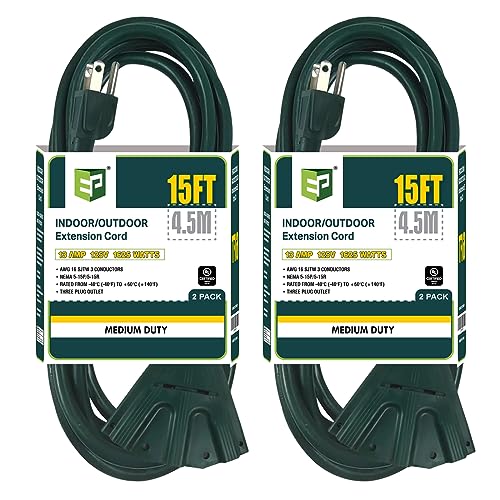 EP 15 Ft Outdoor Extension Cord - 3 Outlet, 16/3 SJTW Durable, Grounded Plug