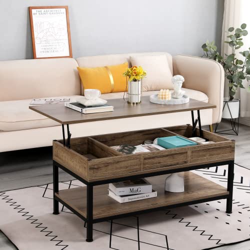 EROMMY Rustic Gray Lift Top Coffee Table with Hidden Compartment