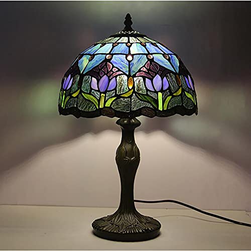 Errzom Purple Tulip Stained Glass Table Lamp - 12 Inches