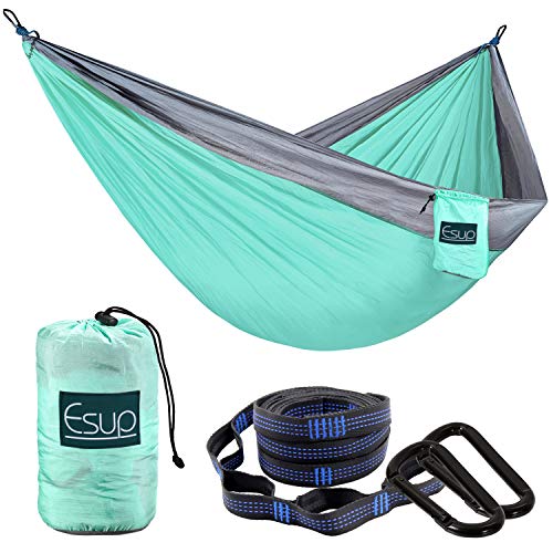Esup Single & Double Camping Hammock -Lightweight Nylon Portable Hammock, Best Parachute Hammock with Tree Straps for Backpacking, Camping, Travel (Green / Gray, 118"(L) x 78"(W))
