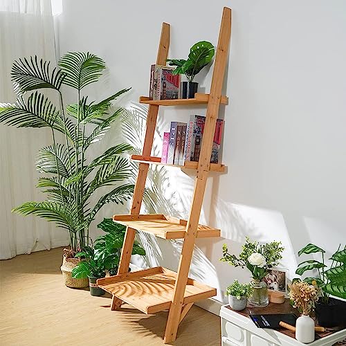 EUROSAKURA 4 Tier Ladder Shelf, Wood Ladder Bookshelf, Wall-Leaning Bookshelf Open Shelves for Living Room Home Office,Natural