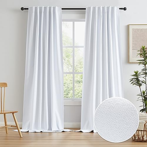Linen White Full Blackout Curtains 108 Inch Long 9 FT Feet for Living Room Back Tab Pocket Drapes Burlap Textured Curtains for High Ceiling to Floor Patio, 2 Pieces, 50 inch Width Each Panel