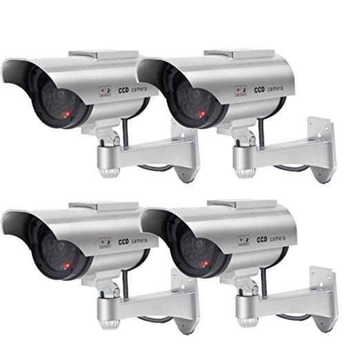 Silver Solar Powered Dummy Security Camera with Red Flashing Lights (4 Pack)