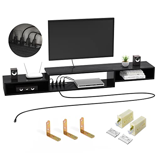 Black Wall-Mounted Media Console with Power Outlet