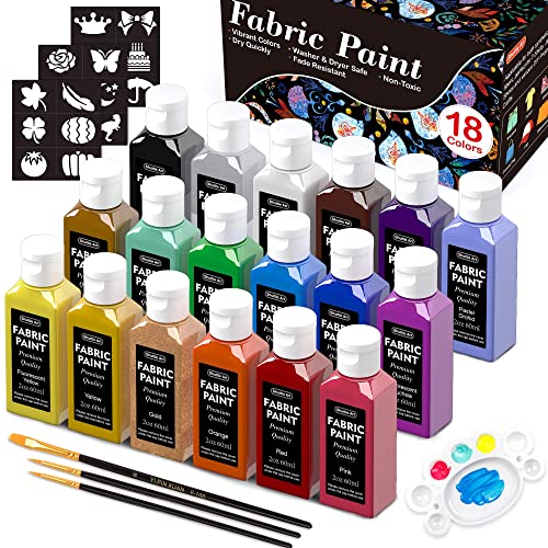 Fabric Paint Set - 18 Colors with Brushes, Palette, Stencils