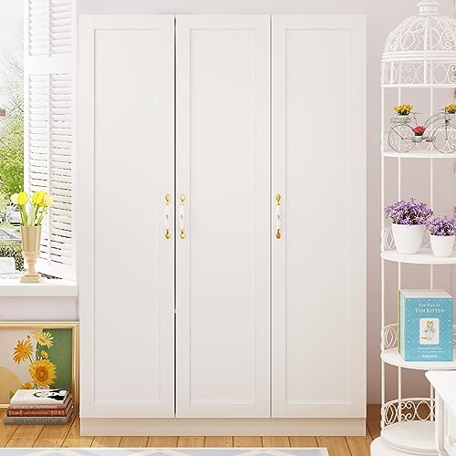 White 3-Door Wardrobe Closet with Shelves and Hanging Rod