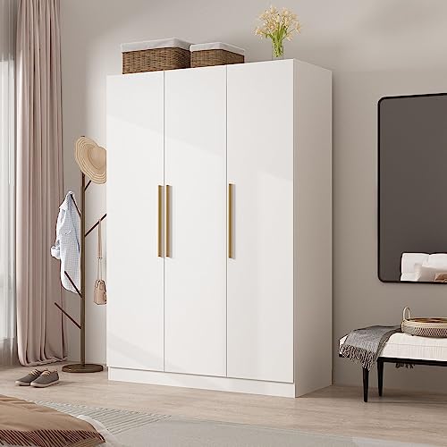 FAMAPY 3-Door Wardrobe with Shelves, Armoire Wardrobe Closet with Hanging Rod, Wooden Handles, Bedroom Armoires White (47.2”W x 18.9”D x 70”H)
