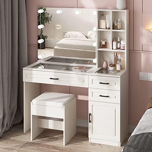 Quimoo Vanity Desk with Mirror and 10 LED Lights, Makeup Vanity