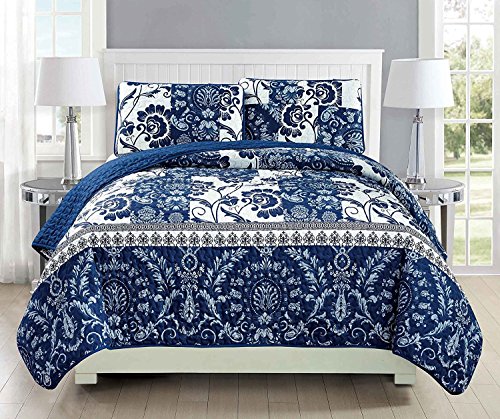 Fancy Collection 2pc Twin/Twin Extra Long Oversize Quilted Bedspread Coverlet Set Floral Navy Blue White New