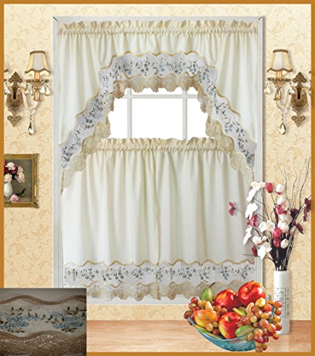 Fancy Collection Beige Floral Kitchen/Cafe Curtain Set