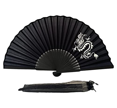 Dragon Art Black Silk Folding Hand Held Fan in Pouch