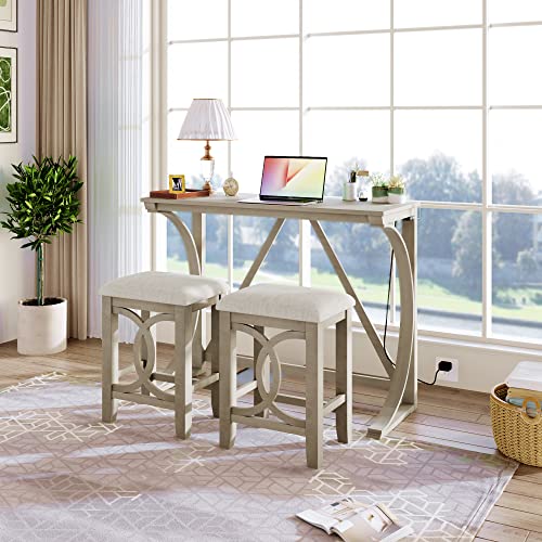 Farmhouse Bar Table and Chairs with Stools and Outlet - Cream