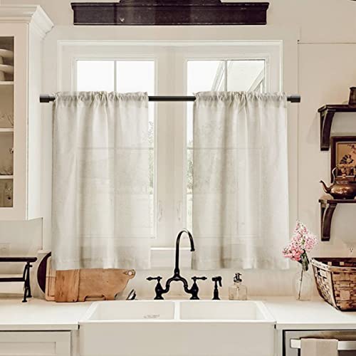 Boho Farmhouse 24" Semi Sheer Kitchen/Bathroom Curtains, Cream, 2 Panels