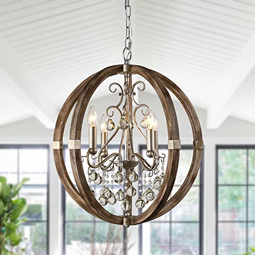 Rustic Wood Chandelier with Crystal Globes - 21.7" x 24.7"