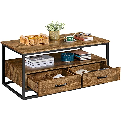 Farmhouse Coffee Table with Open Storage Shelves and 2 Drawers