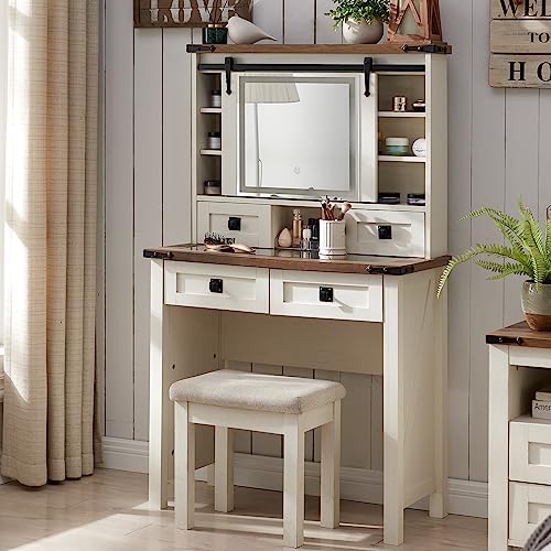 Farmhouse Makeup Vanity Desk with Sliding Mirror and Lights